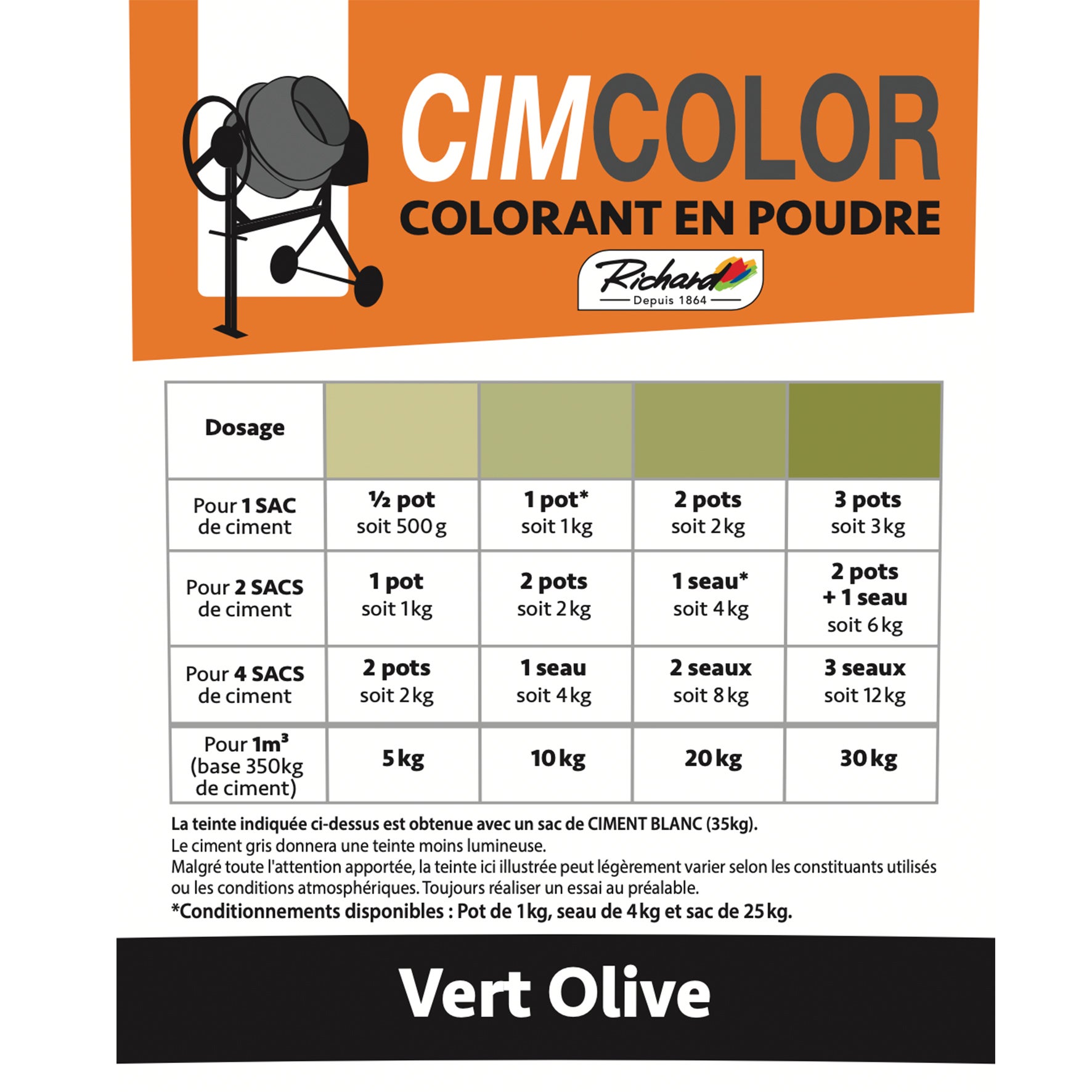 Pigments en poudre Cimcolor pour beton ciment enduit joint chaux Richard Cimcolor vert olive 1kg - 4