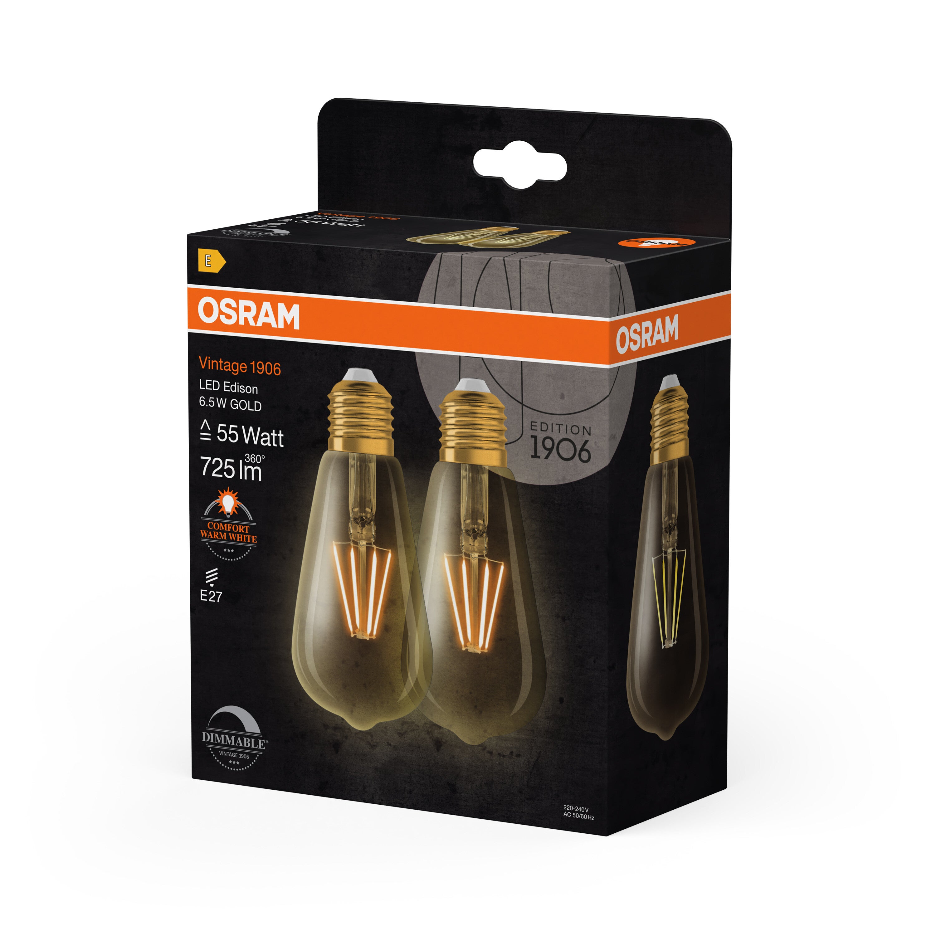 OSRAM 1906 Edizione d'epoca, E27-base vetro dorato ,Bianco caldo (2400K), 725 Lumen, sostituzione delle lampade 55W, dimmerabile, 2-Confezione - 2