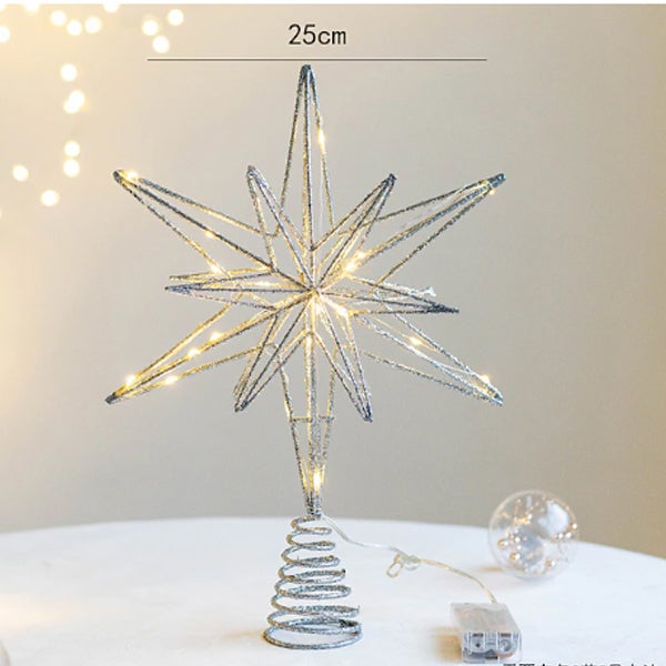 Decoração de floco de neve prateado de 24 cantos, 20 LEDs, topper de árvore de Natal, topper de árvore de floco de neve, luz quente - 2