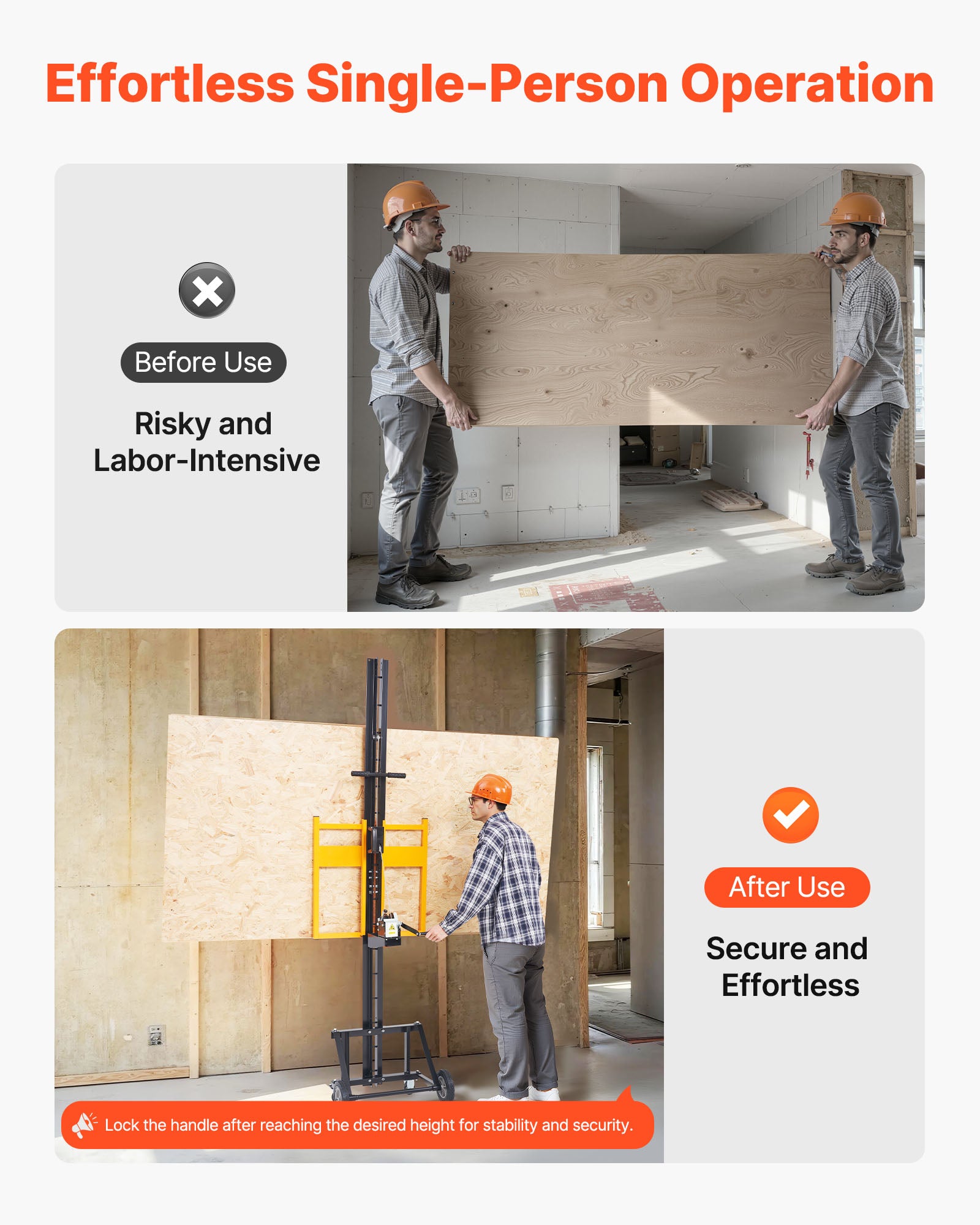 Elevador painéis VEVOR, capacidade 68 kg, para instalação em tectos e paredes, elevação painéis até 4 x 4,9 m, com rodízios, fácil transporte, amarelo - 6