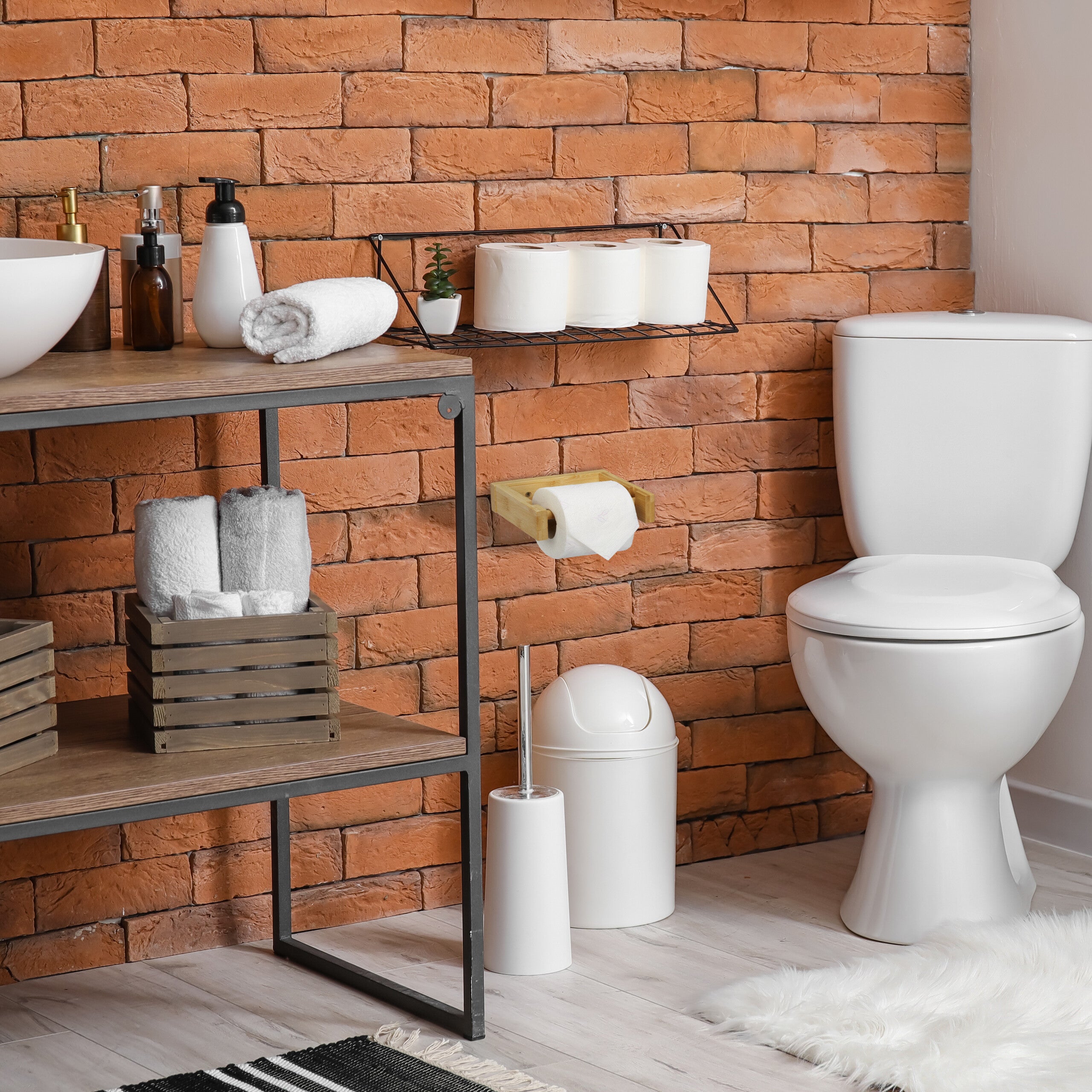 Porta Carta Igienica Da Terra Relaxdays, In MDF Bianco: Mobiletto Stretto Per Bagno Con Spazio Per 5 Rotoli E Scopino