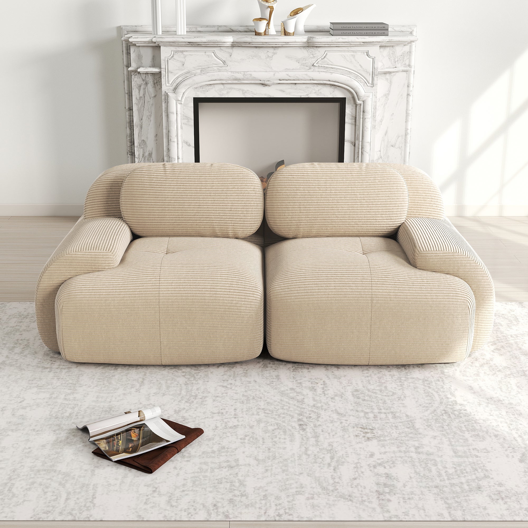 Canapé modulaire d'angle sans cadre avec accoudoirs incurvés et base antidérapante en velours côtelé beige - OKMYHOME - 3