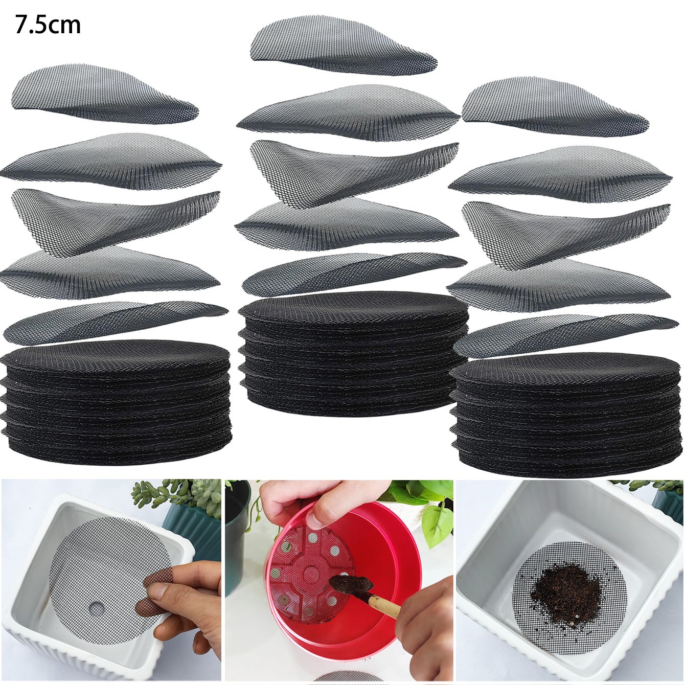 1000 sztuk siatki do otworów w doniczkach, ekrany do otworów drenażowych doniczek 75 mm, zapobiegające utracie gleby, mata siatkowa