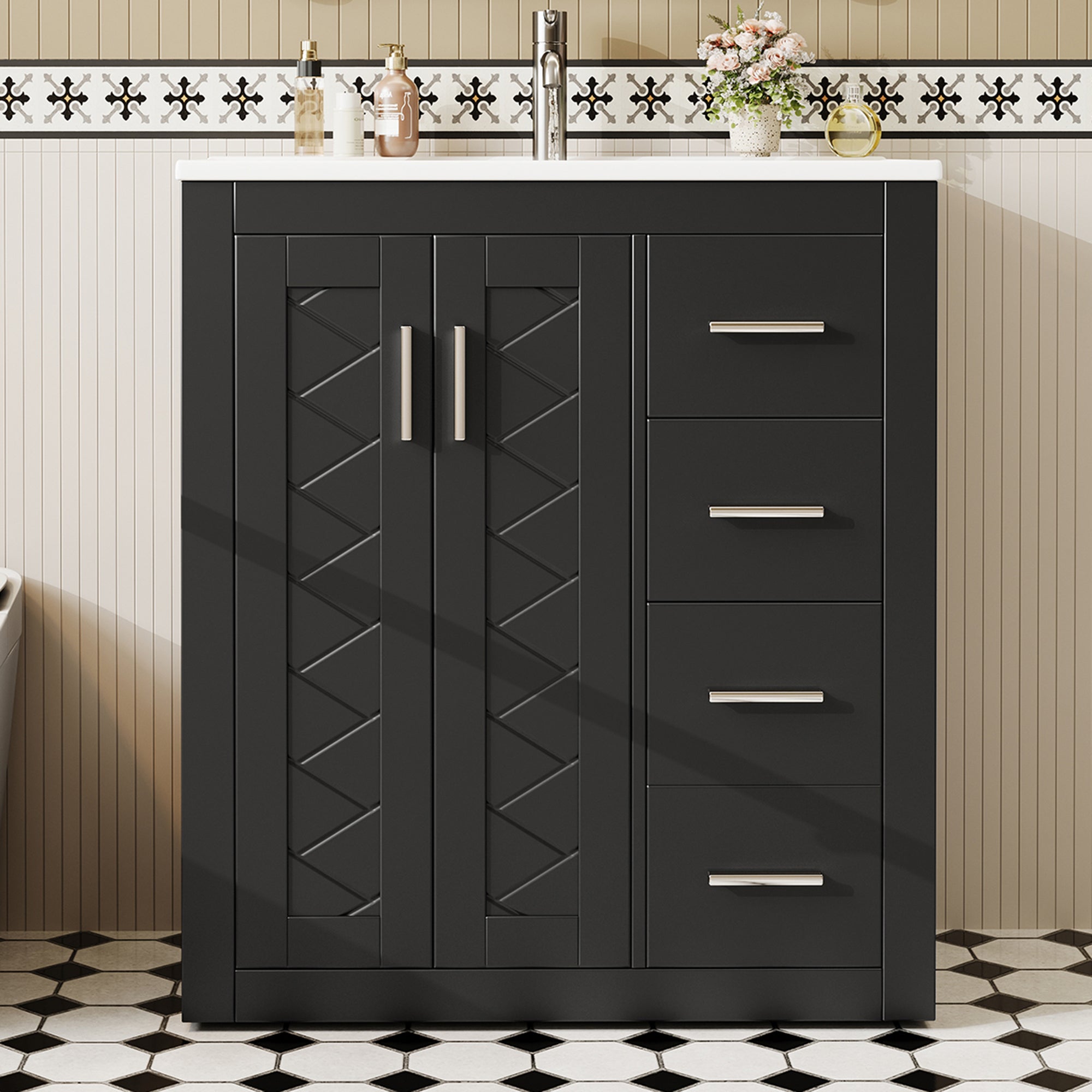 Szafka łazienkowa z pojedynczą umywalką, 2 drzwiami i 3 szufladami - 76 x 46,5 x 85,5 cm - umywalka z płyty MDF i ceramiki - czarna