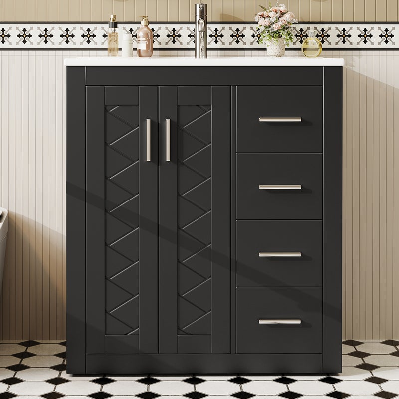 Szafka łazienkowa z pojedynczą umywalką, 2 drzwiami i 3 szufladami - 76 x 46,5 x 85,5 cm - umywalka z płyty MDF i ceramiki - czarna