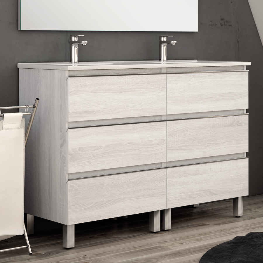 Ensemble meuble de salle de bain 120cm double vasque + colonne de rangement PALMA - hibernian (bois blanchi) - 2