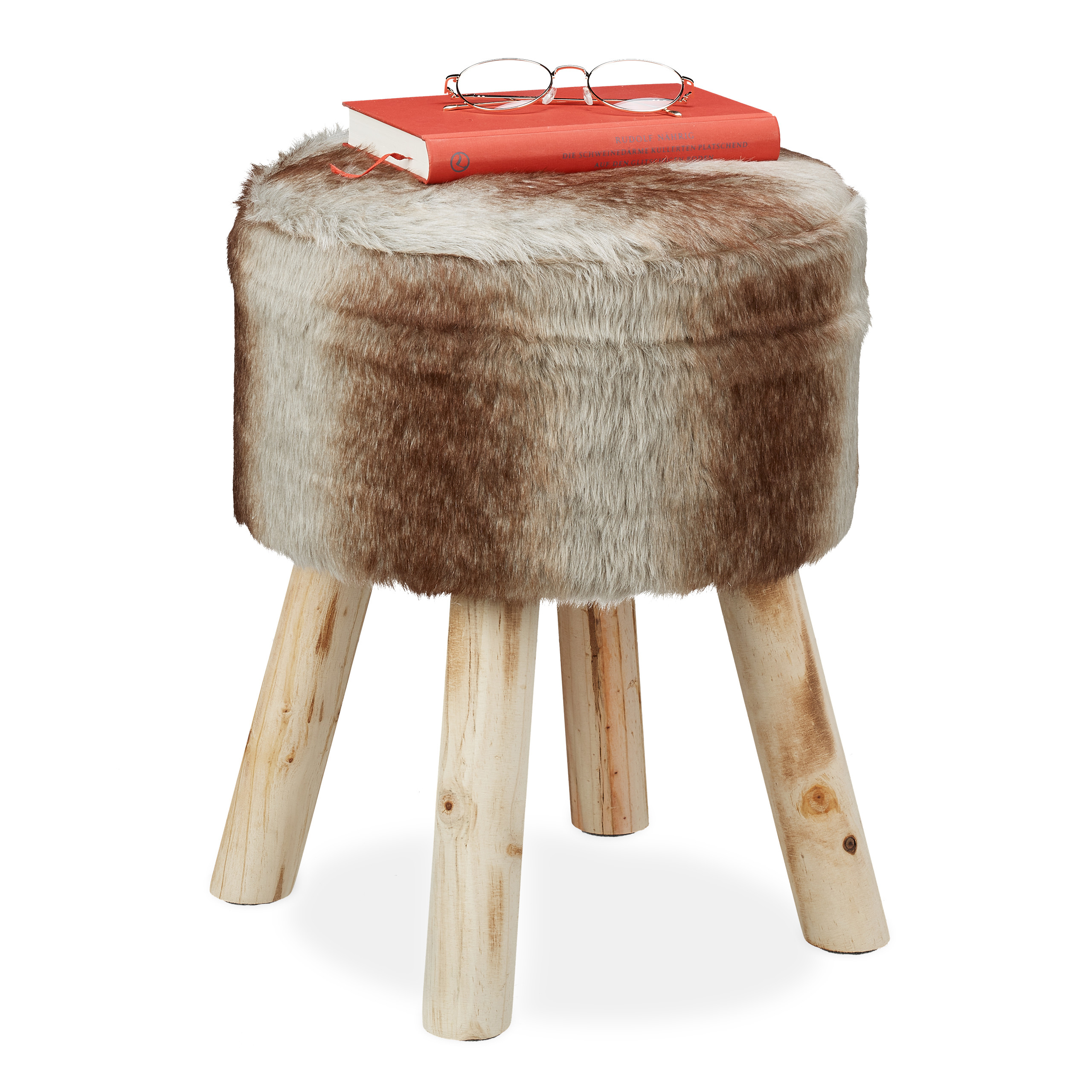 Relaxdays taburete decorativo, pelo sintético, banqueta con patas de madera, redondo, rústico, 42 x 33 cm, gris/marrón