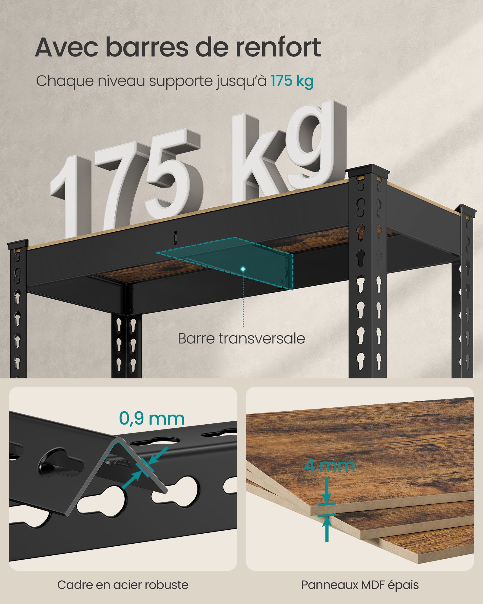 Étagère pour Charges Lourdes,5 Niveaux, 31 x 75.5 x 152cm, Capacité de Charge 875 kg，Marron Rustique - 4