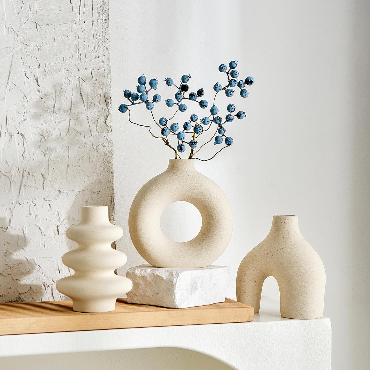 Conjunto de tres jarrones de cerámica beige estilo bohemio moderno apto para la decoración del hogar ideal para hierba de la pampa de forma redonda - 6