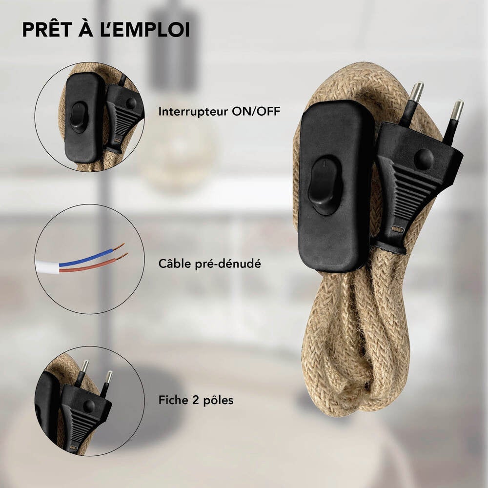 kit précablé, fil tissu rond en corde 2x 0,75MM2 avec interrupteur et fiche noir, longueur 1,5M - Tibelec - 3