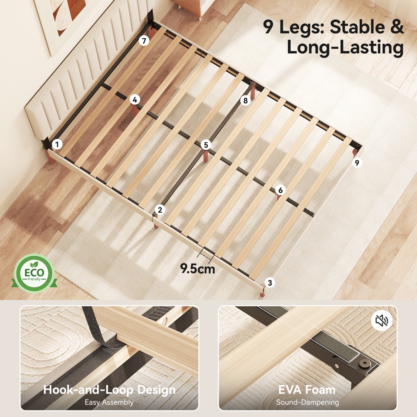 Estructura de cama 140x190 cm,480 kg, espacio 22 cm, Cama doble, para dormitorio, ahorro de espacio, silencioso y estable, tapizada - 7