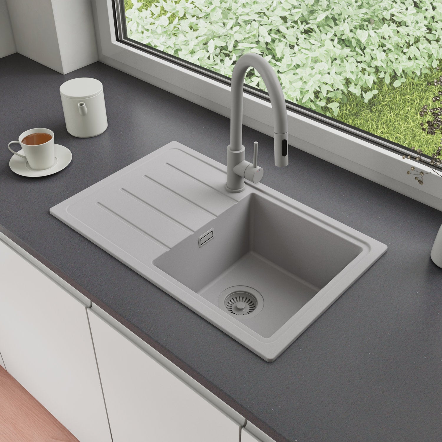 Zlewozmywak Granitowy 70x44cm, do szafki od 45cm + Bateria + Syfon - Ametyst Szary STONESTYLE