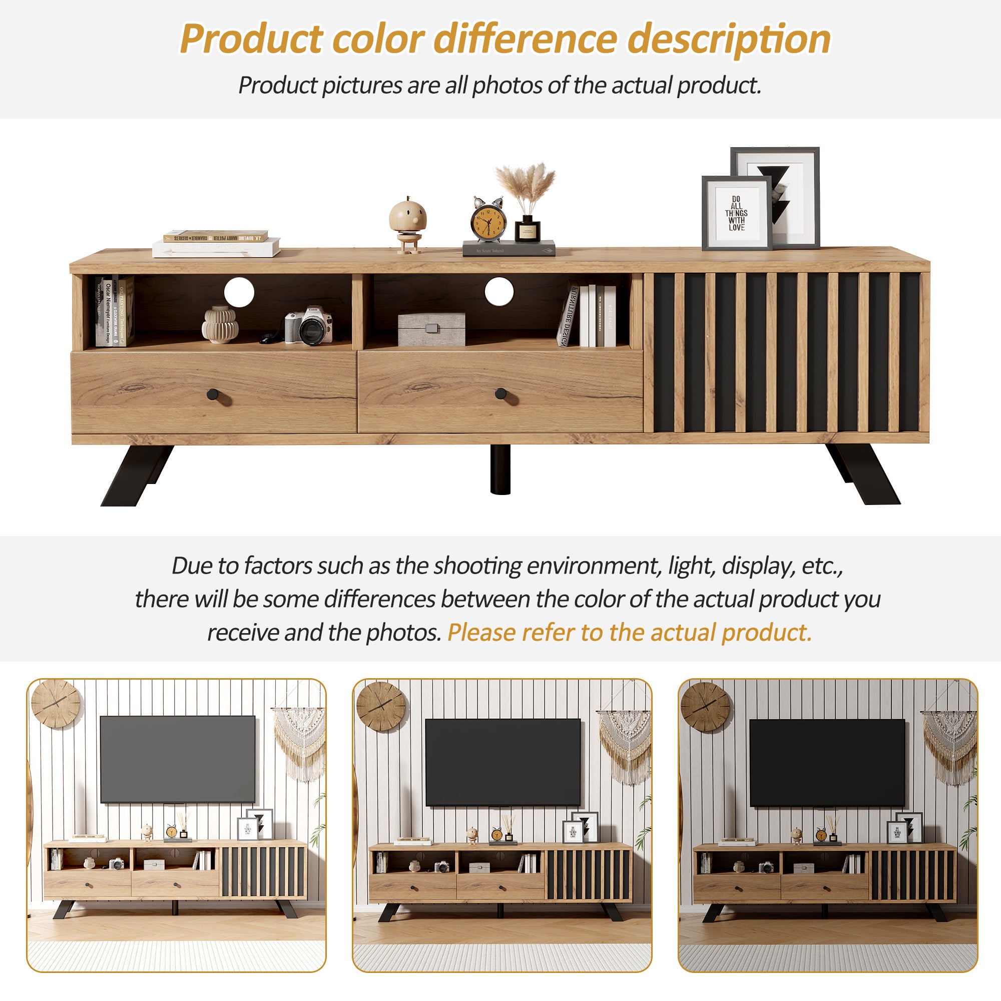 Meuble TV 150x38x44 cm - 2 tiroirs et 1 porte - 2 compartiments semi-ouverts - pour TV 60 pouces - naturel - 7