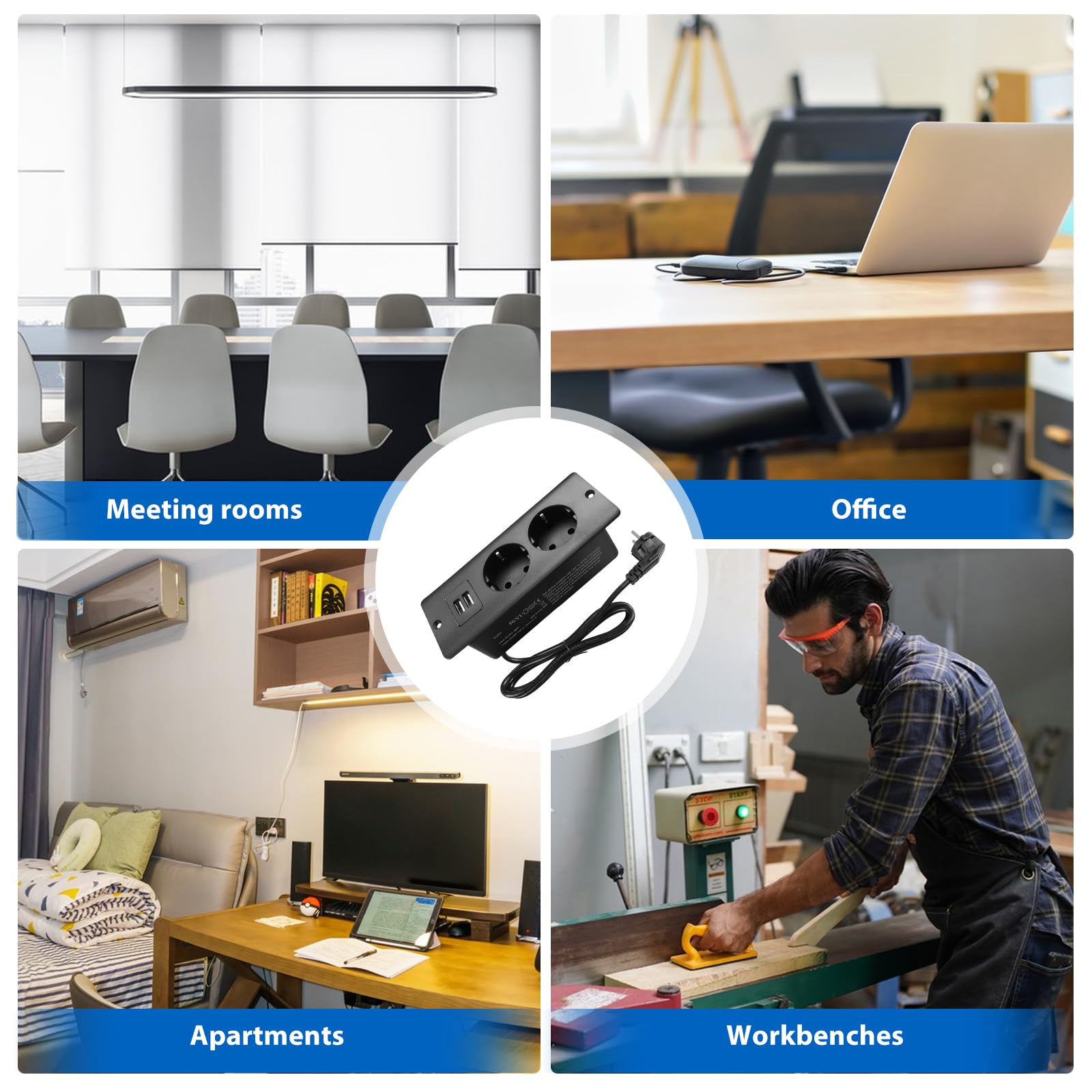 Multiprise encastrée bureau USB-C/A, coupe-feu, Câble de 1.5 m pour table de chevet - 7