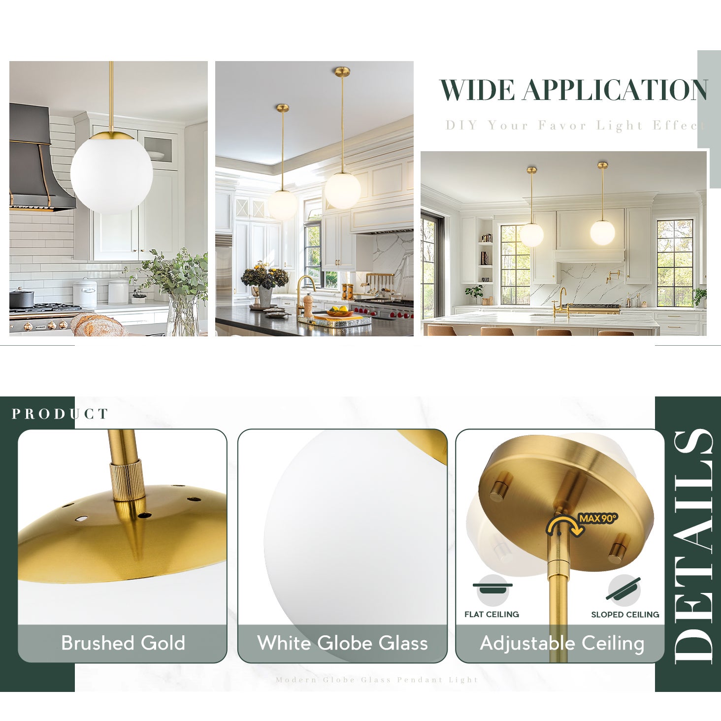 Zestaw 3 wysokiej klasy żyrandoli LED, lampa wisząca z połowy XX wieku z żarówką i szklanym kloszem, regulowana lampa sufitowa, ciepłe światło (φ25cm) - 5