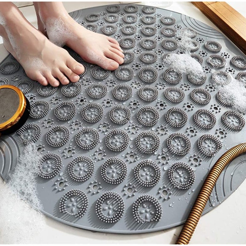 Okrągła mata do masażu, antypoślizgowa mata pod prysznic, nadająca się do prania w pralce, z otworami drenażowymi i przyssawkami, 55 x 55 cm, szara
