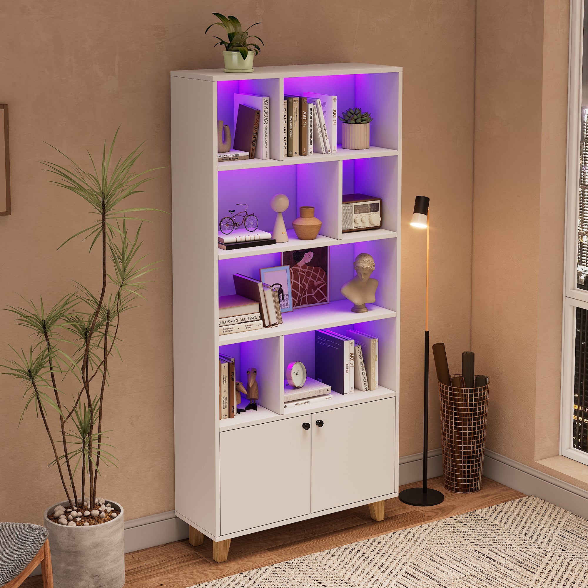 Biblioteczka 80x30x173 cm - oświetlenie LED ze zmianą kolorów - 2 drzwi - przegródki przechowawcze - biały