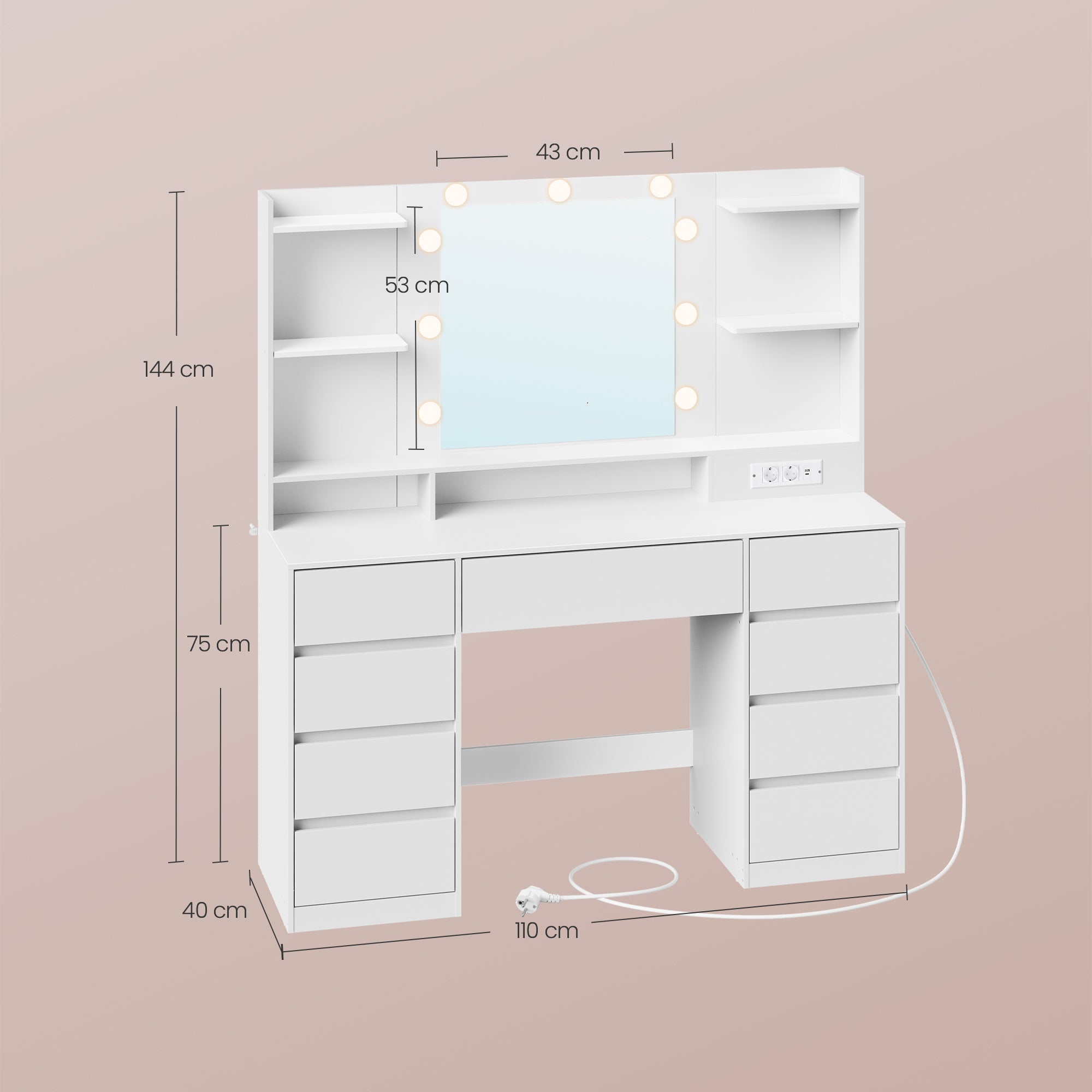 Coiffeuse avec Miroir LED, Multiprise, 9 Tiroirs, 9 Ampoules, Éclairage 3 Couleurs, Blanc - 5