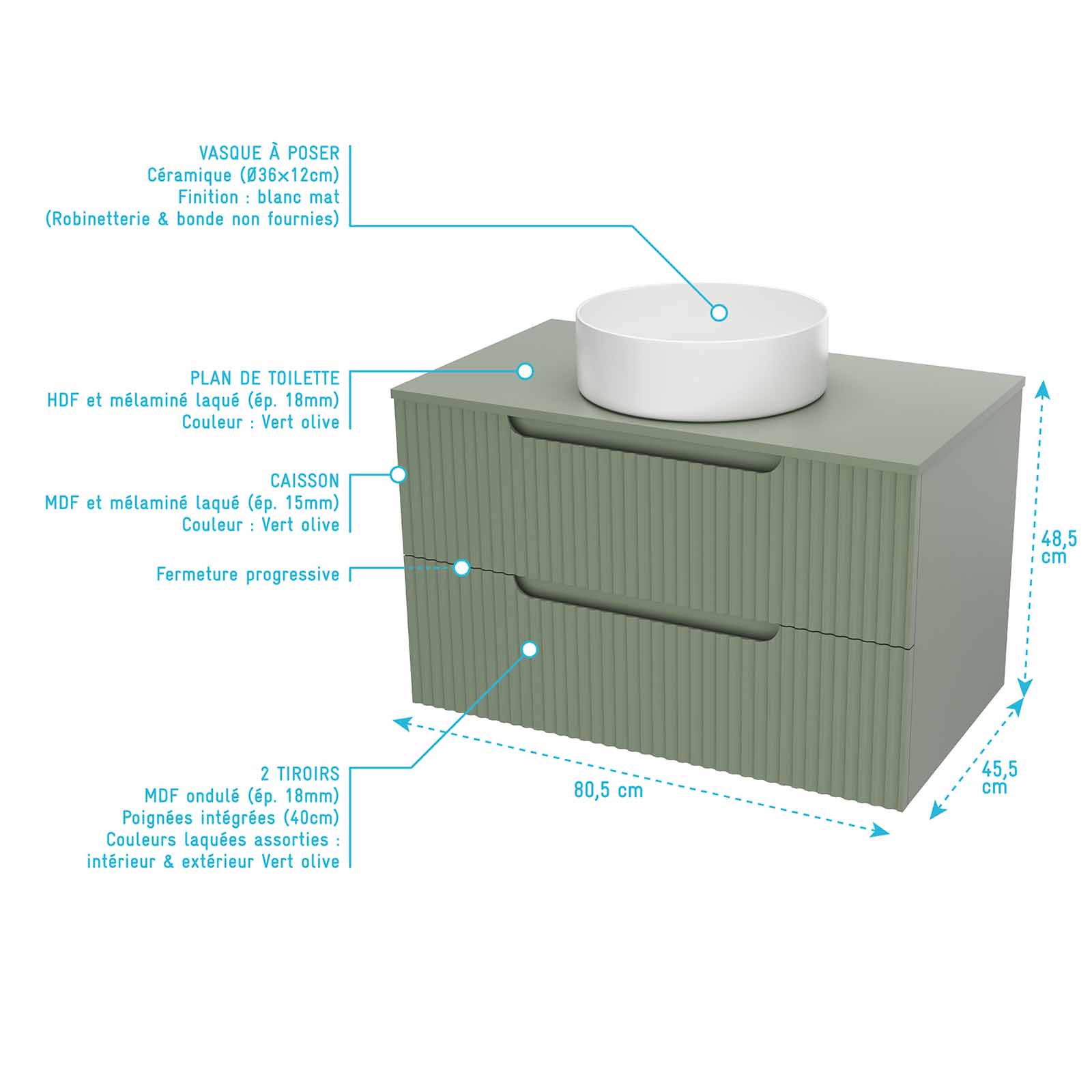Meuble et colonne de Salle de Bains LEON 80cm Vert Olive - Façades Ondulées - Vasque Ronde 36cm - 4