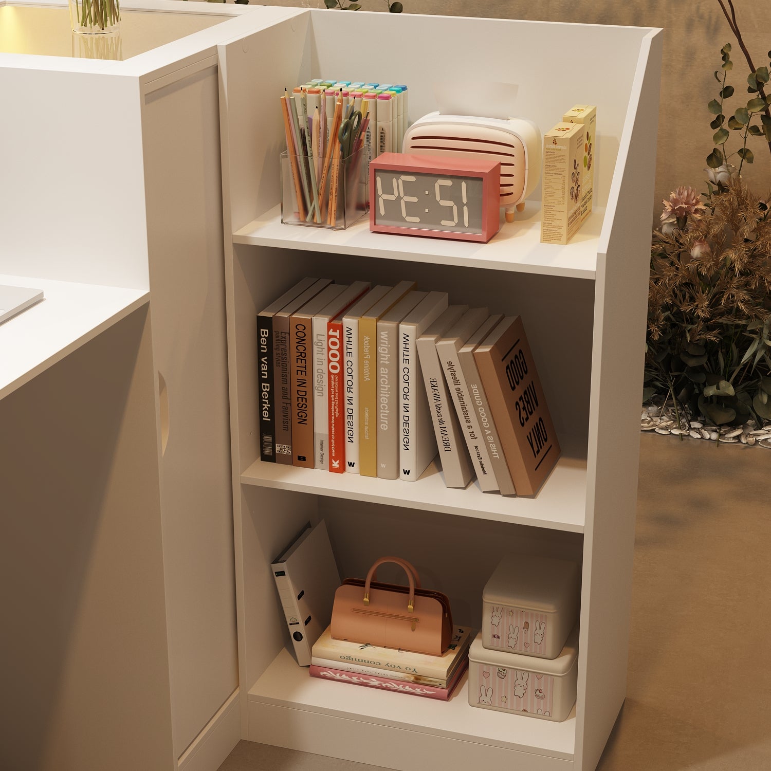 Bureau d’Accueil en Forme L, Compartiments et Étagères en Verre , Comptoir de Réception à Éclairage LED, Bureau,120x100x103, Blanc - 5