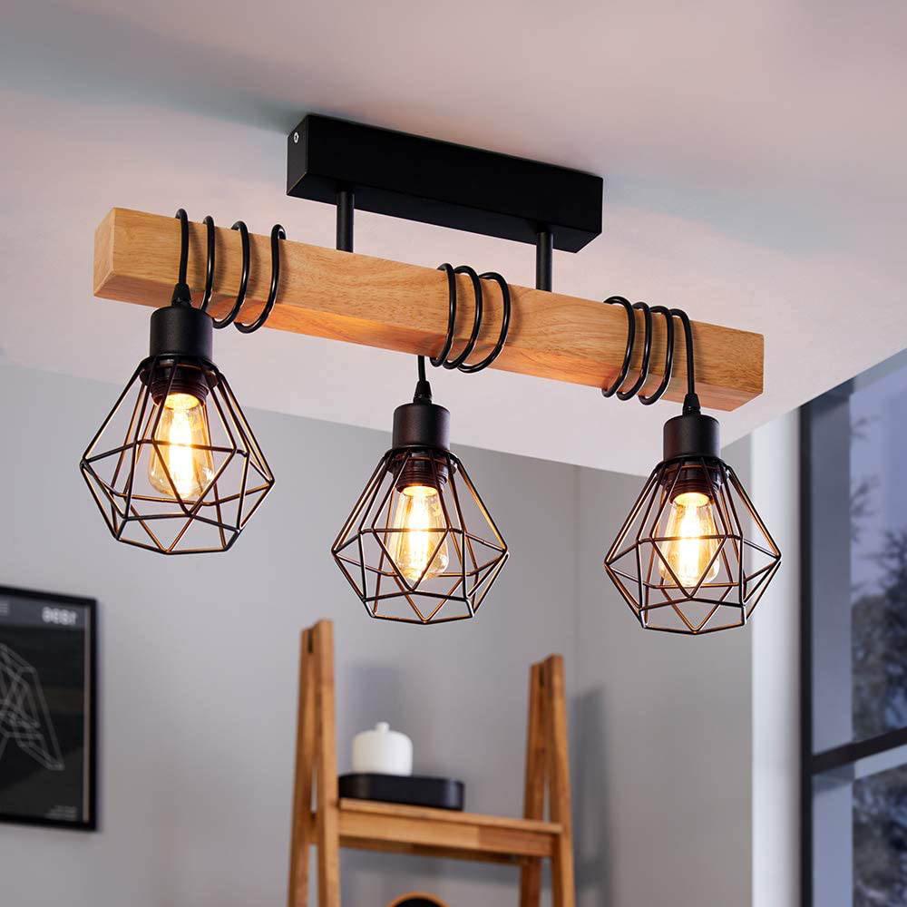 Suspension luminaire , lustre à 3 lampes, abat-jour suspendus au design vintage et industriel, éclairage rétro en acier noir et bois, douille E27 - 2