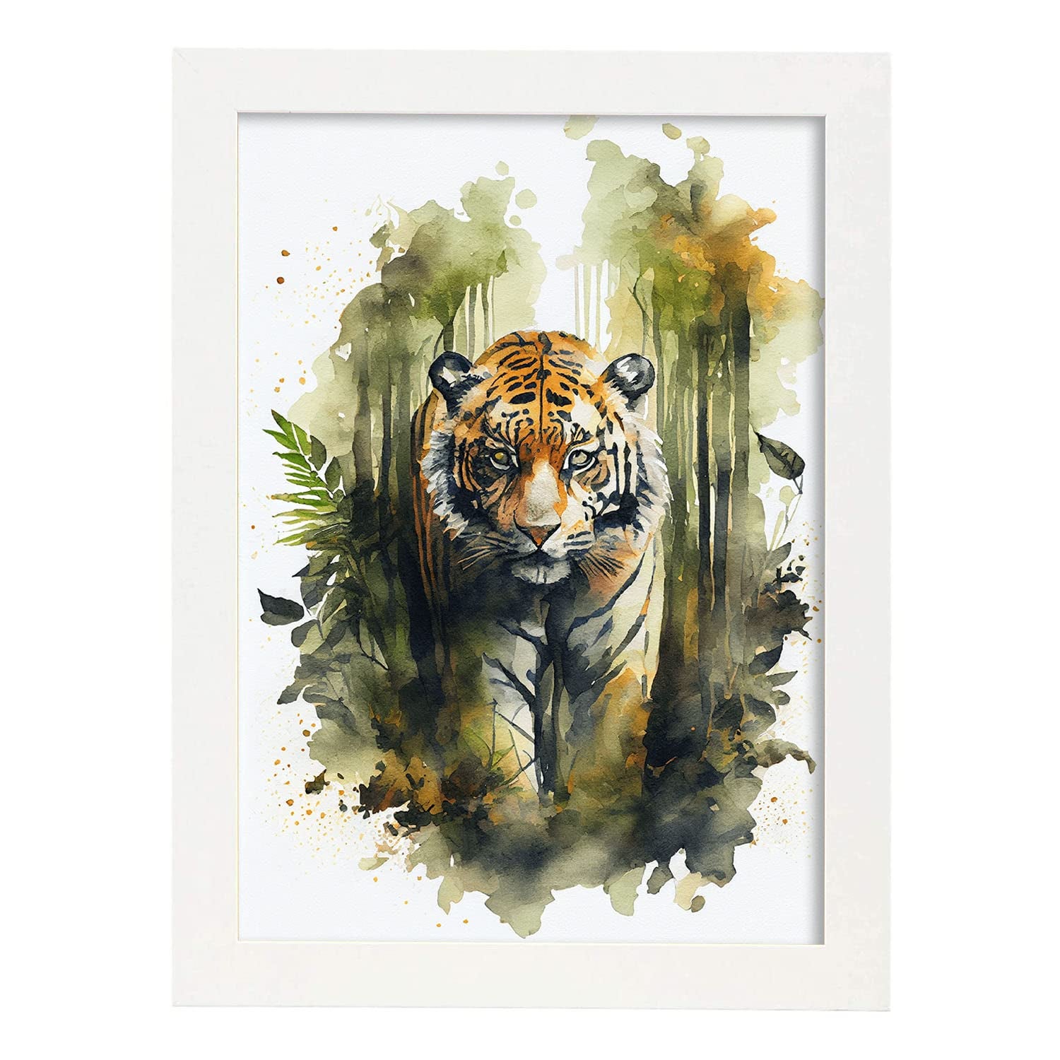 Nacnic poster de tigre en estilo acuarela ilustraciones a todo color de animales salvajes en la naturaleza y modelo 2 a3 con marco blancos