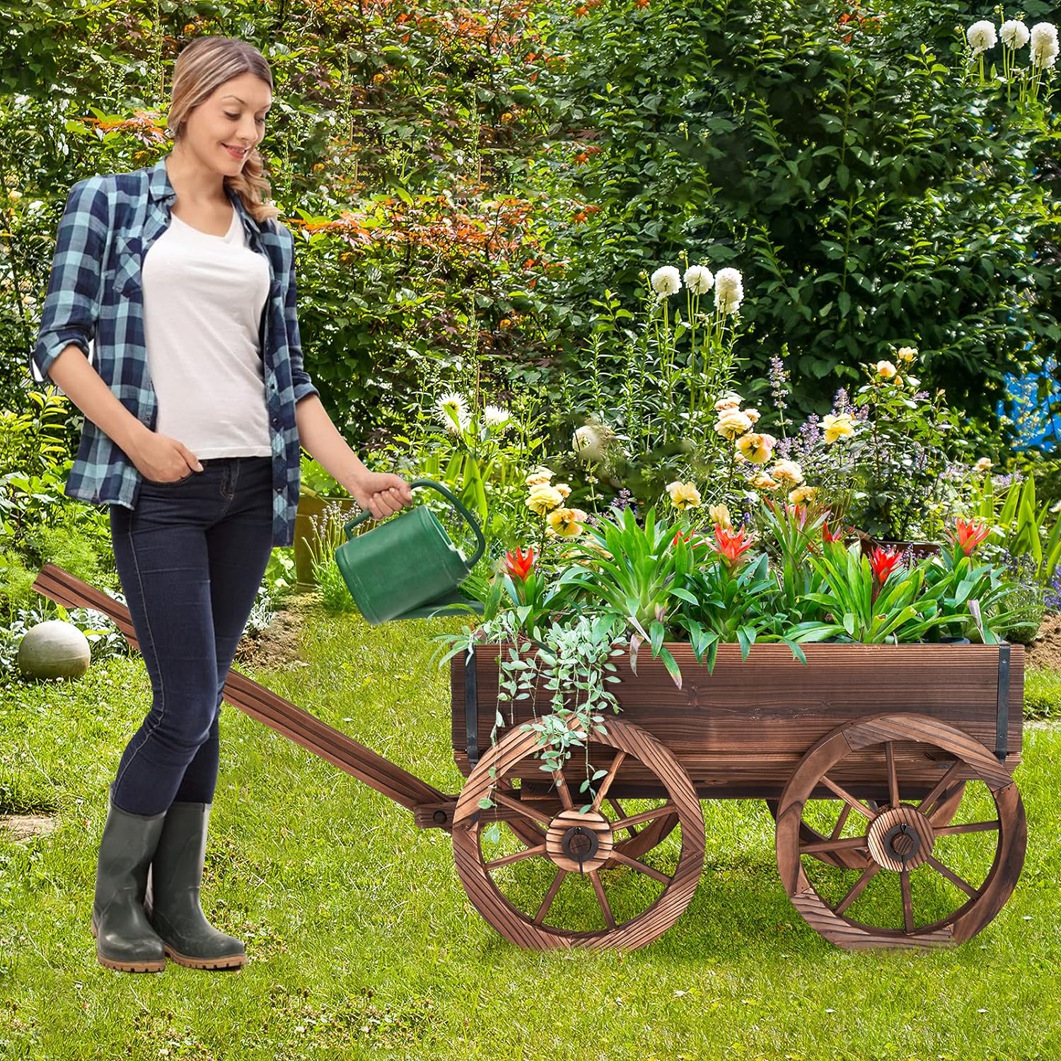 Jardinière en Bois de Sapin Brûlé 120 x 43 x 53 CM, Forme Brouette avec Poignée Reglable & 4 Roues & Trou de Drainage, Charge 50kg - 7