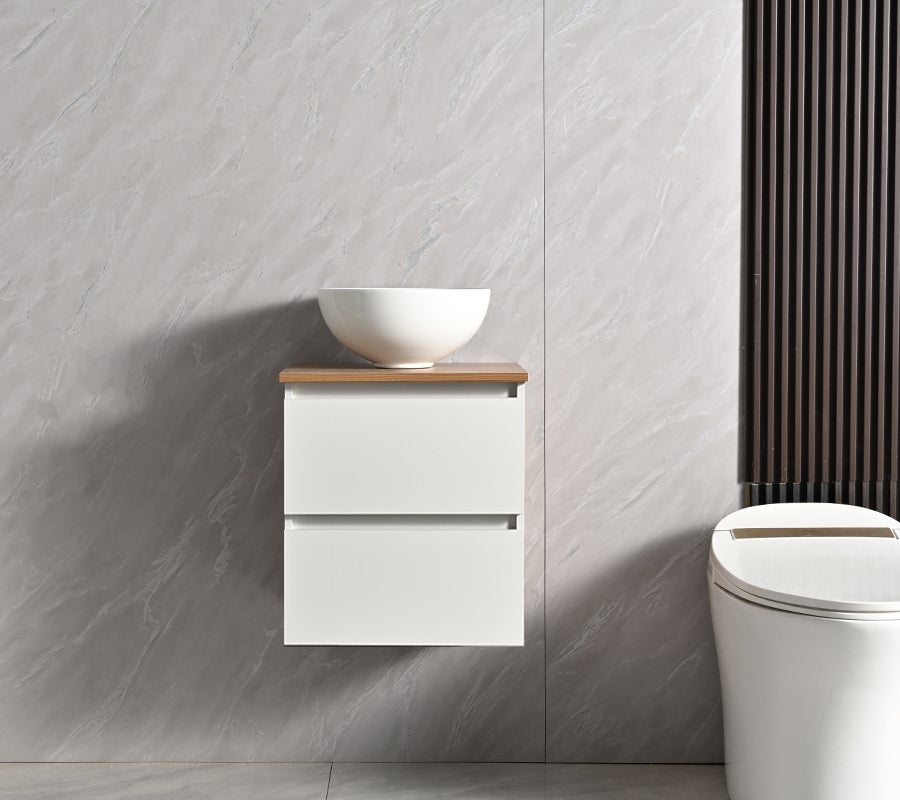 Conjunto Móvel de Casa de Banho profundidade reduzida 43x33x48 cm Branco e bancada de madeira com Lavatório de pousar - 5