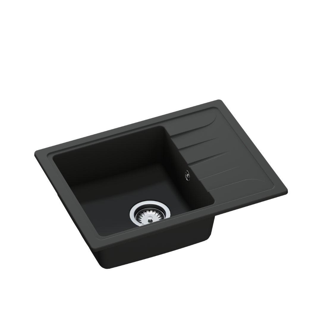 Zlewozmywak granitowy GranMaster Gracia 580x440x164 mm, jednokomorowy z ociekaczem, czarny mat 1 szt.