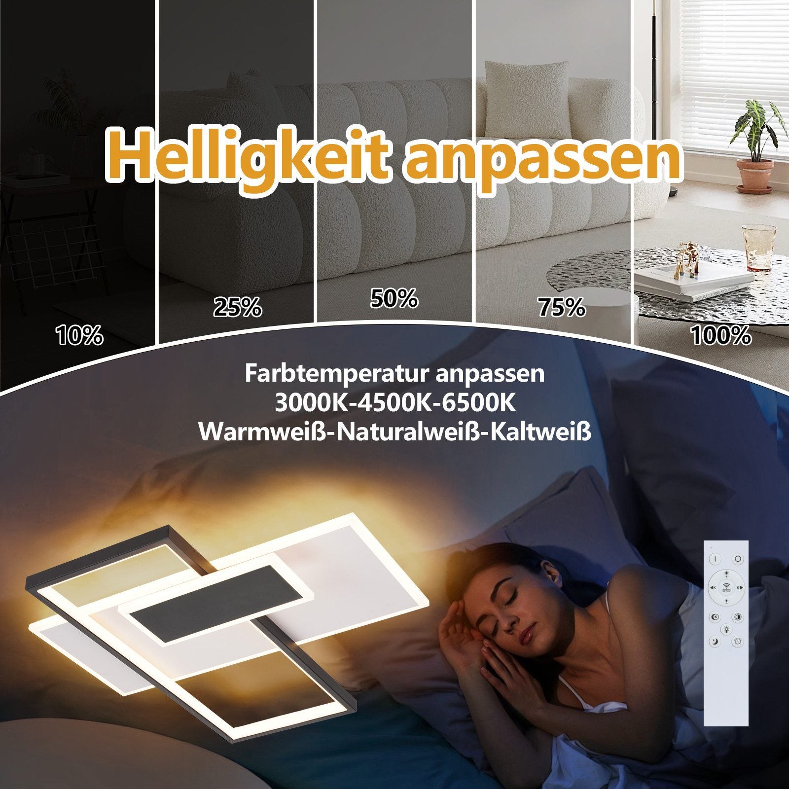 Lampada da soffitto a LED Favorina, dimmerabile, in metallo/legno/plastica, colore nero/naturale/bianco, 44 Watt, 5050 lumen, 3000 Kelvin, lunghezza 121 cm, dimmerabile tramite interruttore della luce