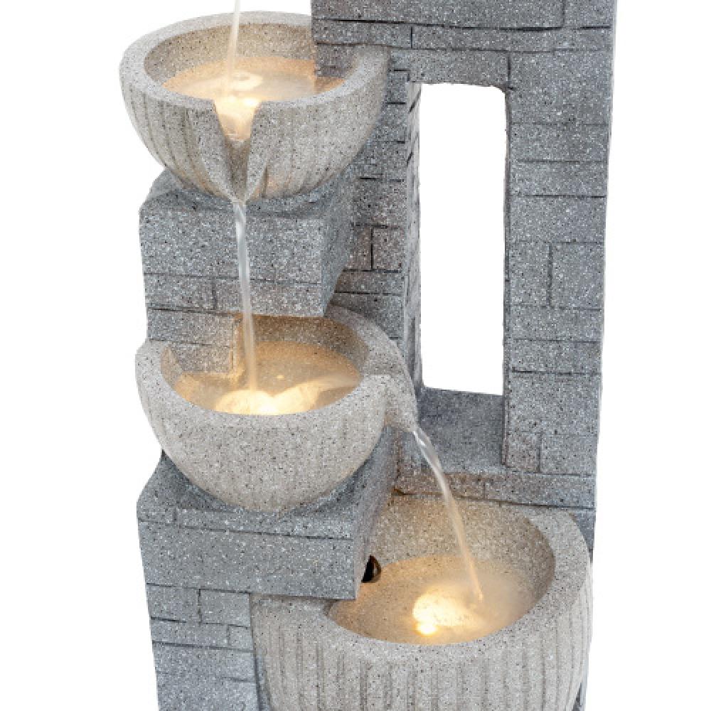 Bassin 80 cm en pierre superposée avec fontaine LED – jardin, terrasse, balcon, pelouse, gris pierre, oasis tranquille. - 4