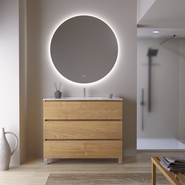 Feel Your Bath, Meuble De Salle De Bain JAGUAR Marron 100 cm, 3 Tiroirs, Vasque Céramique Intégrée Et Miroir Rond LED Antibuée