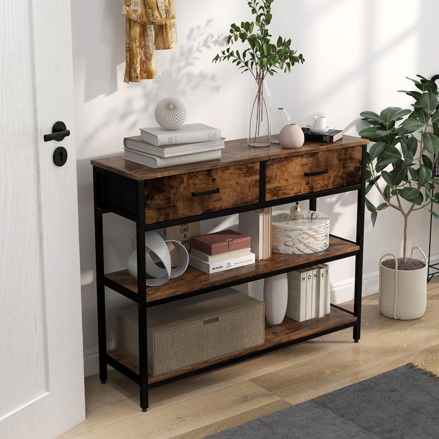 Table Console Industrielle 3 Niveaux 2 Tiroirs - 100x30x80cm - Cadre Métal (neuf)
