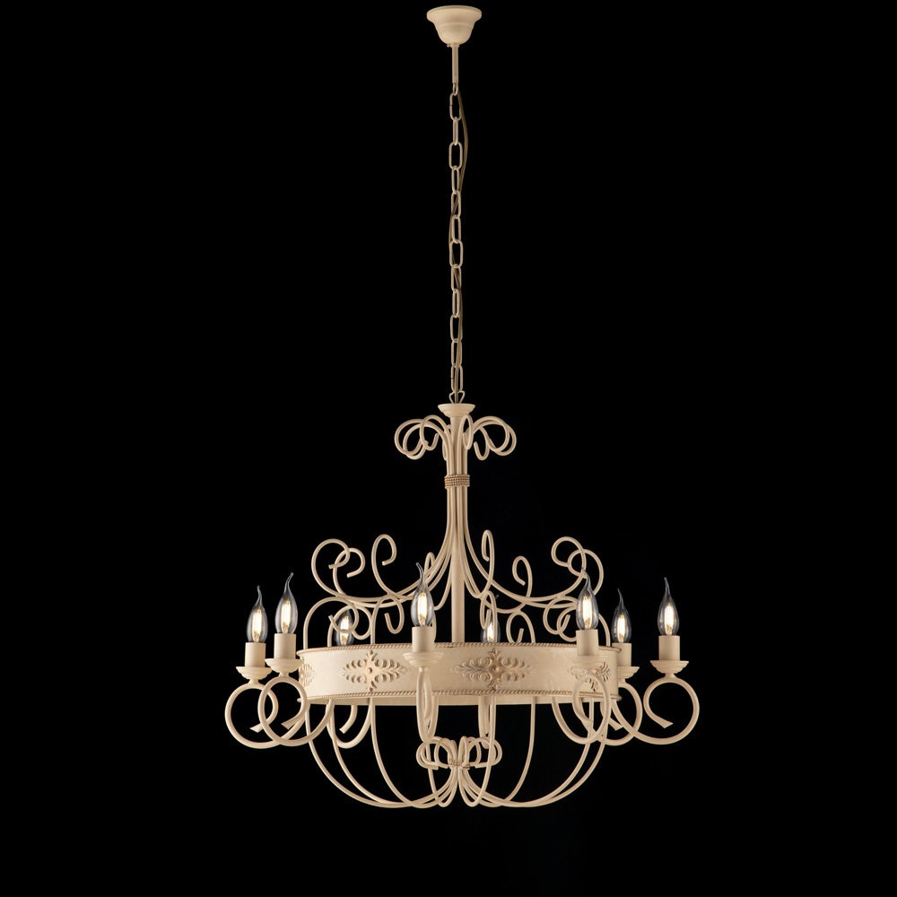 Dallas - Lustre En Fer Laqué Ivoire à Décor Effet Décapé Et Finitions Or Antique Avec Diffuseurs En Verre Albatre Blanc Diametre 13 5 Lumieres 112 O69 Bl217 5 Av