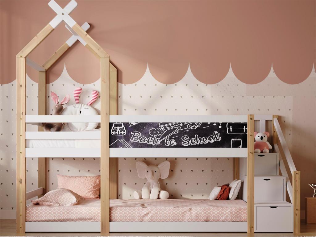 Lit Superposé Enfant 90x200 En Bois Massif Avec Tableau Noir Et Rangement - Lit Gigogne Extensible, Escalier Intégré