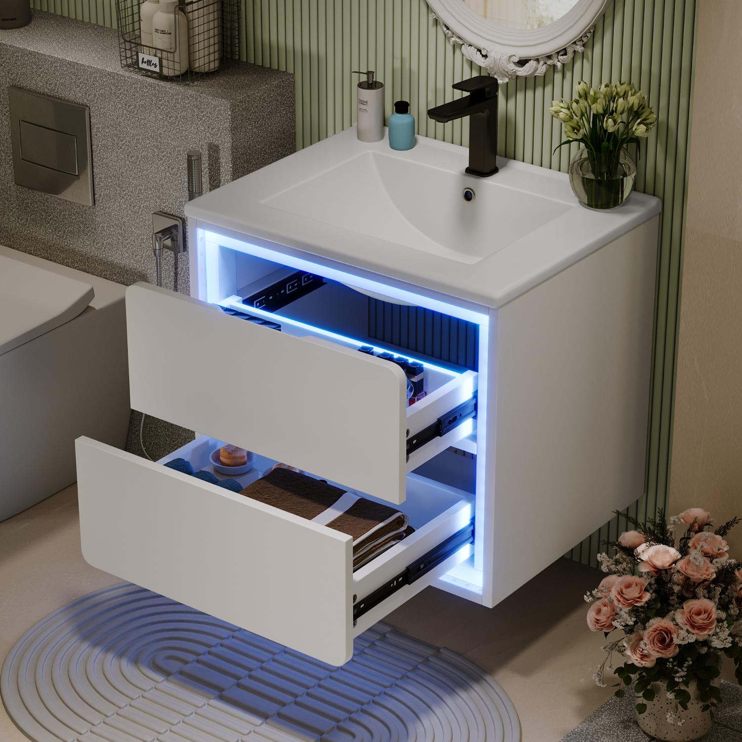 Szafka łazienkowa wisząca 60x46x50 cm biała z umywalką, oświetleniem LED z czujnikiem radarowym, 2 cichymi szufladami