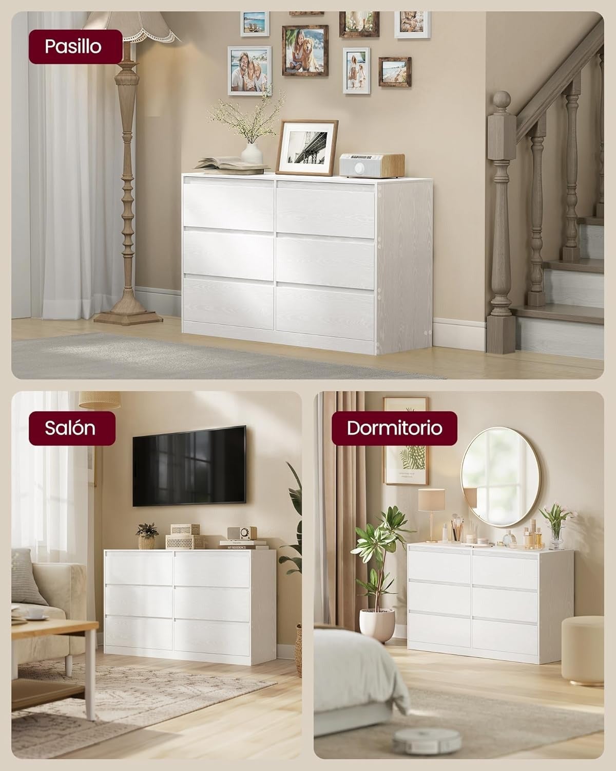 Cómoda de 6 cajones para dormitorio, cajonera de estilo moderno, perfecto para pasillo, salón, dormitorio, color blanco - 4