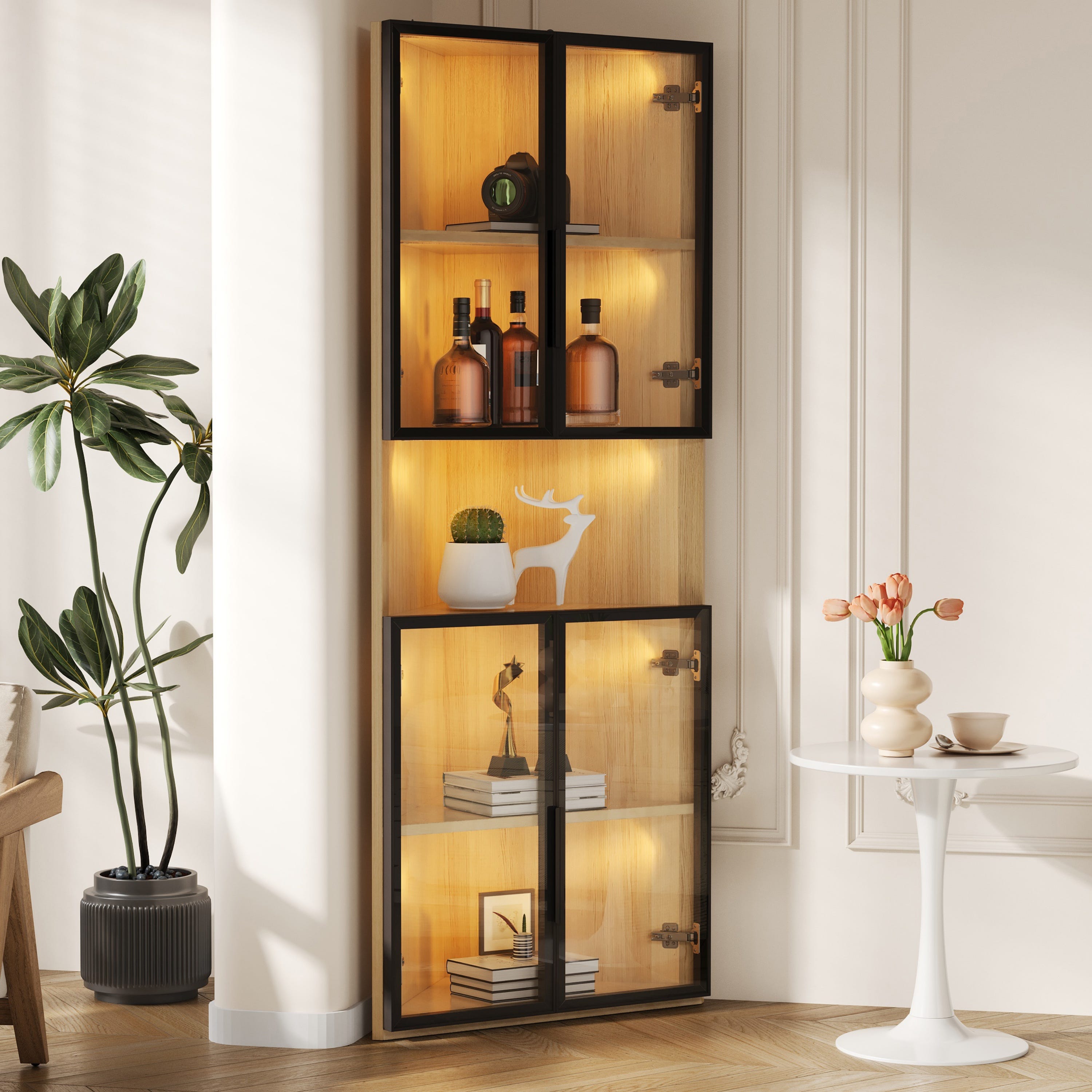 Vitrina de esquina 62x44x160 cm con LED, puertas de cristal templado ...