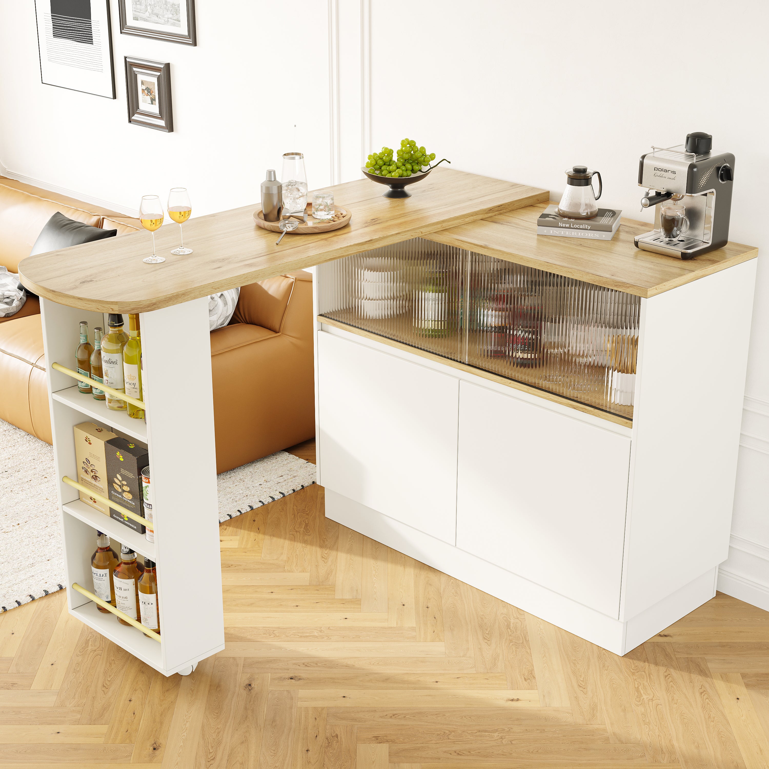 Table de bar pivotant et escamotable en MDF - grand espace de rangement - style contemporain - Blanc - 2