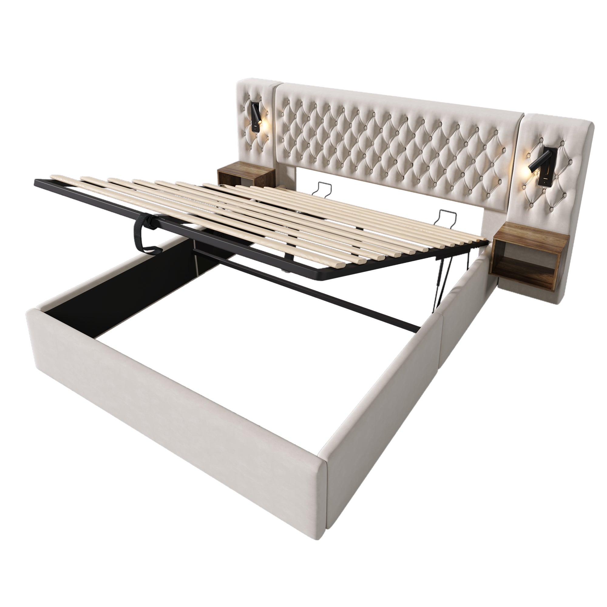 Lit hydraulique 180 x 200 cm, avec table de nuit, liseuse, fonction de recharge USB, beige - 7