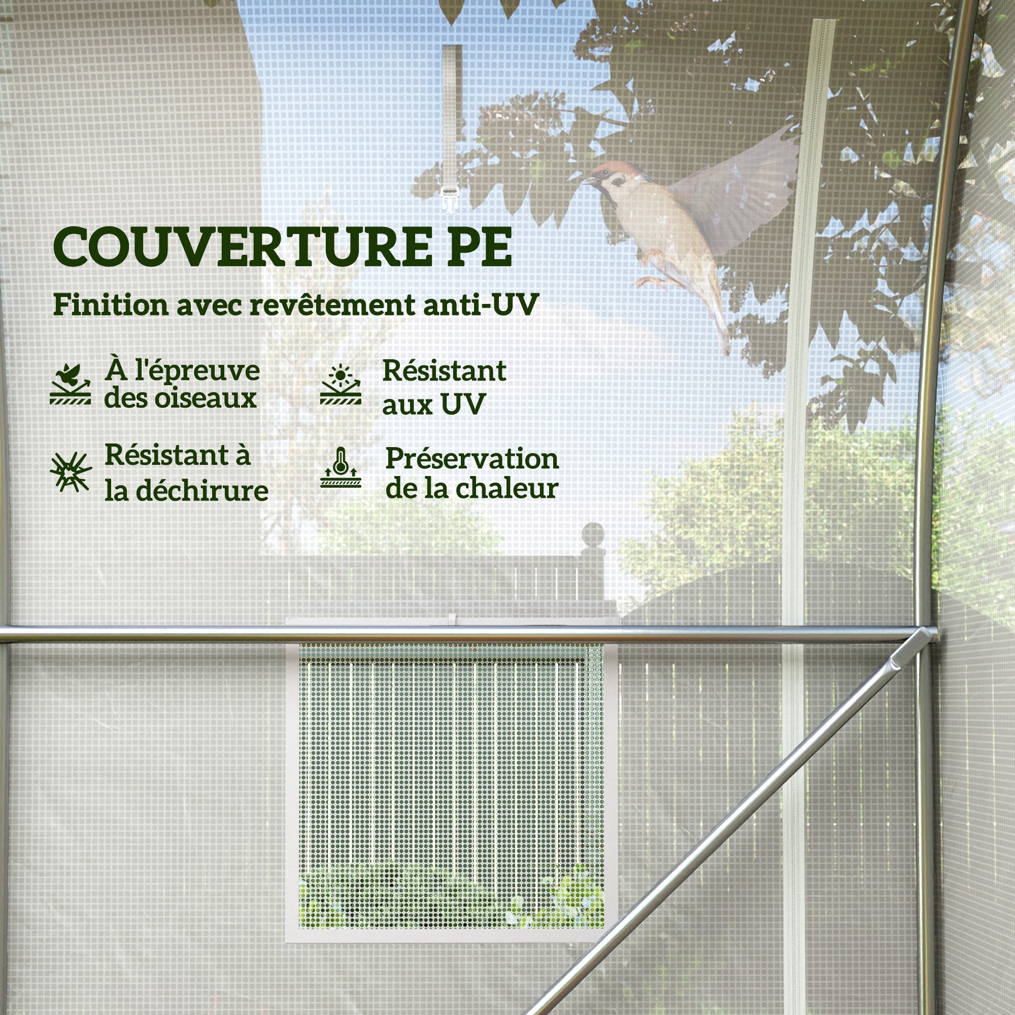 Serre de jardin 6 m² dim. 3 x 2 m avec 1 porte + 2 parois latérales zippées enroulables, 6 fenêtres, Blanc - 6