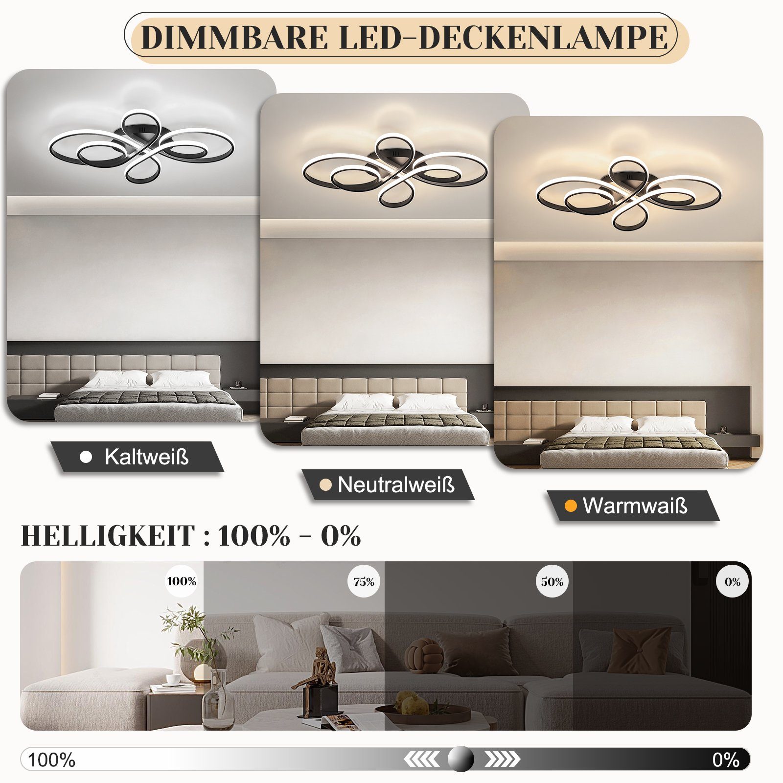 NETTLIFE Plafonnier LED Dimmable Grand 100cm Salon 90W Moderne Noir avec Télécommande - 2