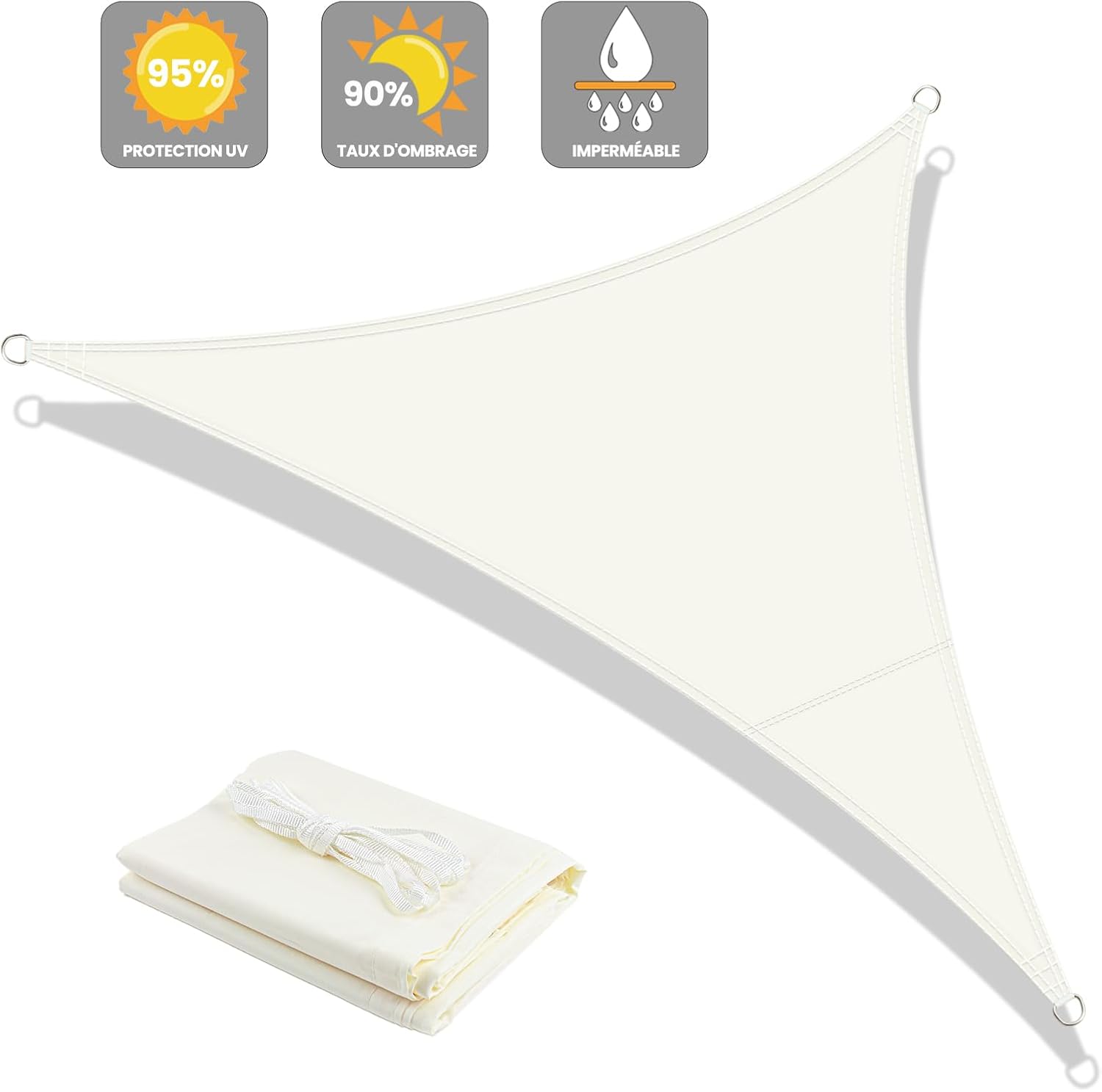 Voile d'ombrage Triangulaire Imperméable 3x3x3m Toile Ombrage PES avec 95% UV Protection pour Patio Extérieur Jardin Terrasse, beige - 2