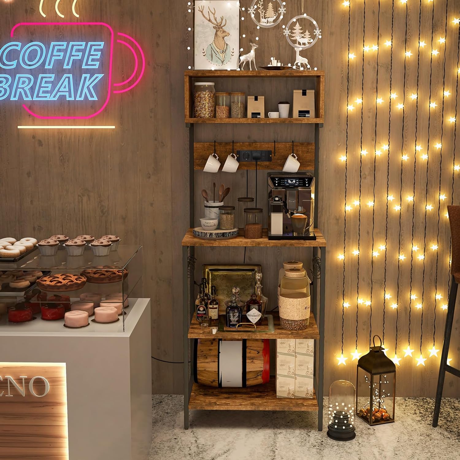 Mensola da Cucina, Supporto per Microonde con Presa Elettrica Ripiani Aperti e 10 Ganci Appendiabiti, Scaffale Multifunzionale per Cucina Sogg - 2