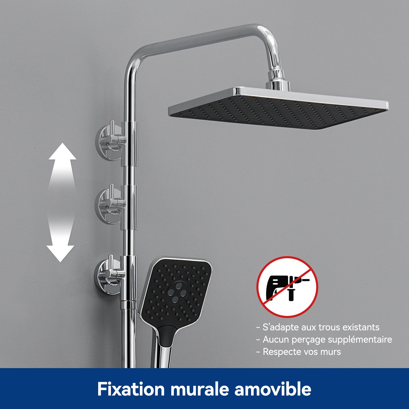 Colonne de douche thermostatique 38°C chromée avec tablette en verre trempé, douche pluie 12 pouces,douchette 3 jets, réglable en hauteur - 6