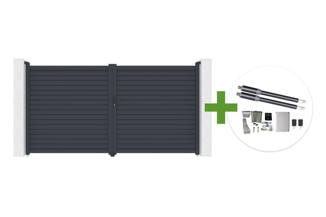 Portail battant 3,5m CALANCIA H.180cm lames persiennes aluminium gris + moteur RANGER B150
