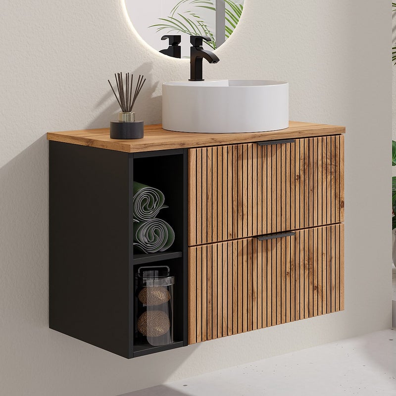 Szafka łazienkowa wisząca ryflowana z wnękami i okrągłą umywalką nablatową - Naturalny jasny - szer. 80 cm - MADELA