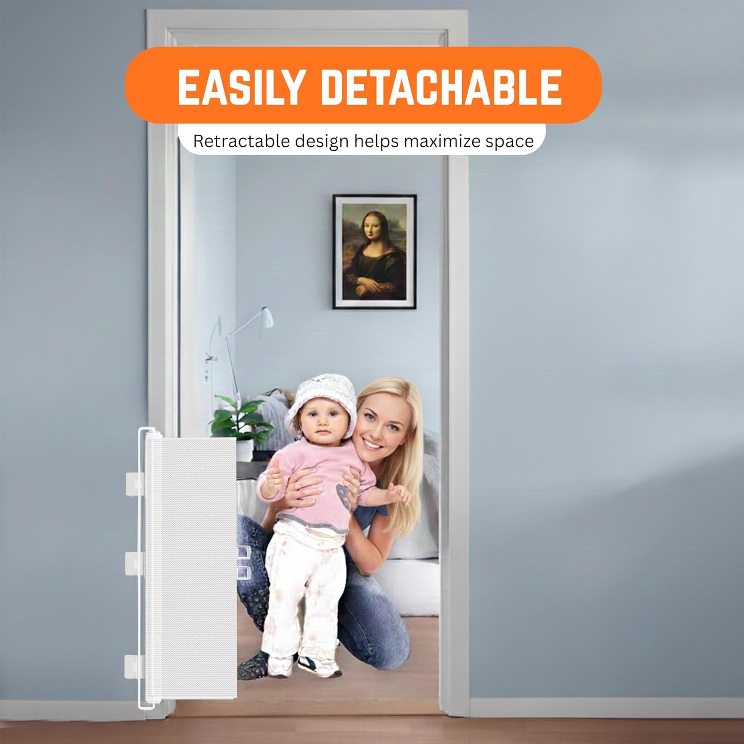 Barrière de sécurité rétractable en filet pour bébé et animal, 150x78cm, utilisation silencieuse à une main, pour escaliers, portes et couloirs - 7
