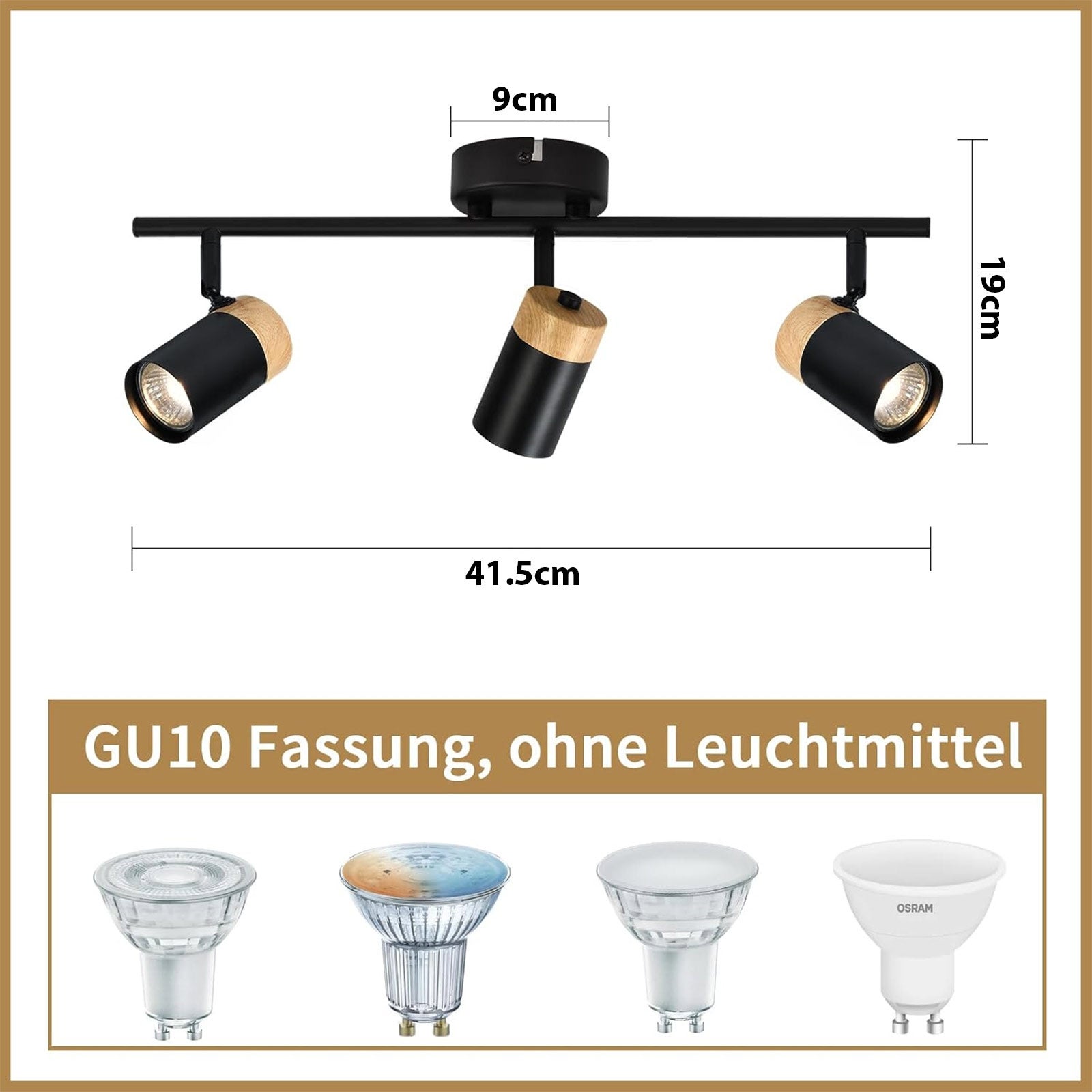 NETTLIFE Plafonnier 3 spots bois GU10 noir orientable 330° pour salon chambre cuisine chambre d'enfant sans ampoule - 3