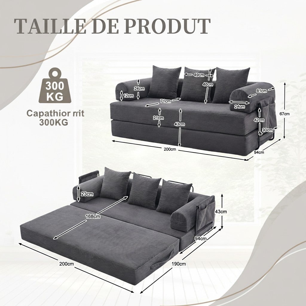Canapé Modulaire Convertible Velours Côtelé Gris Foncé - Cadre Métal, 3 Coussins. Lit Salon Design Moderne 200cm - 9